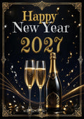 Neujahrskarte „Happy New Year 2027” mit edler Champagnerflasche und Gläsern.
