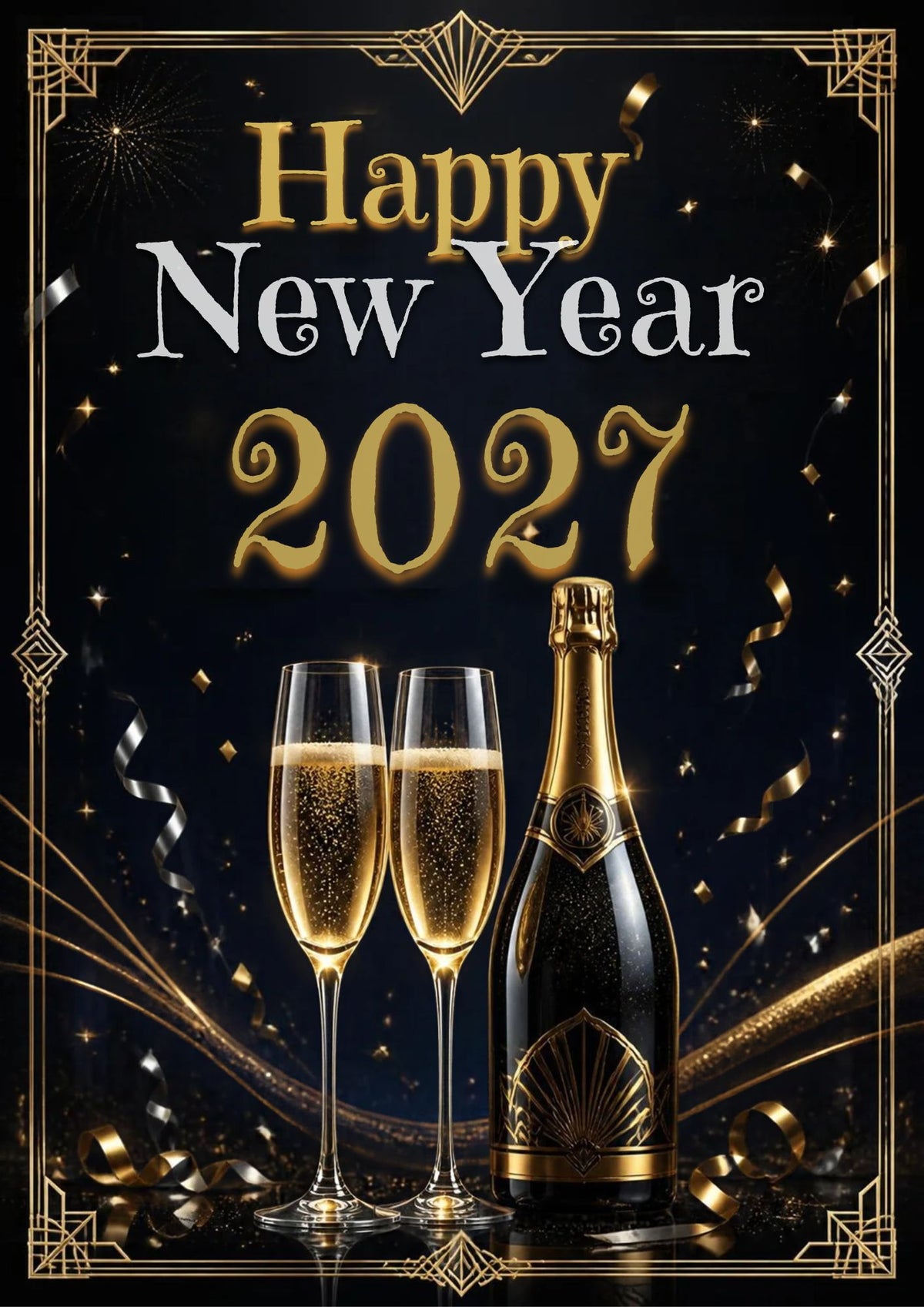 Neujahrskarte „Happy New Year 2027” mit edler Champagnerflasche und Gläsern.
