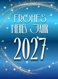 Neujahrskarte „Frohes neues Jahr 2027”, blau mit Sternenschimmer