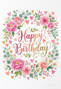 Happy Birthday – Florale Aquarellkarte mit Rosen & Herzen