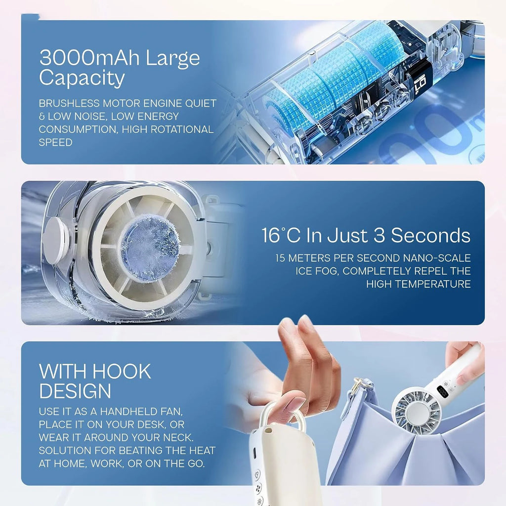 Bleib cool! 3‑in‑1 Handventilator mit Eis‑Kühlung & Sprühnebel. Dein Sommer‑Must‑Have
