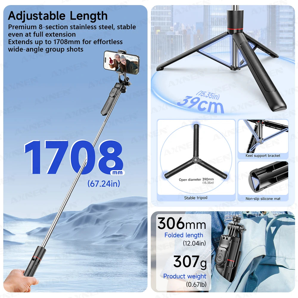 F16 Selfie-Stick-Stativ mit 1708 mm langer, 8-teiliger Teleskopstange, Bluetooth