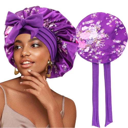 Seidige Schlafhaube mit Blumenmuster und Bindeband aus Satin