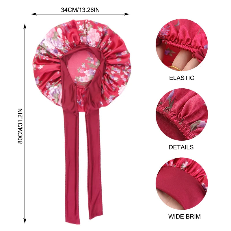 Seidige Schlafhaube mit Blumenmuster und Bindeband aus Satin