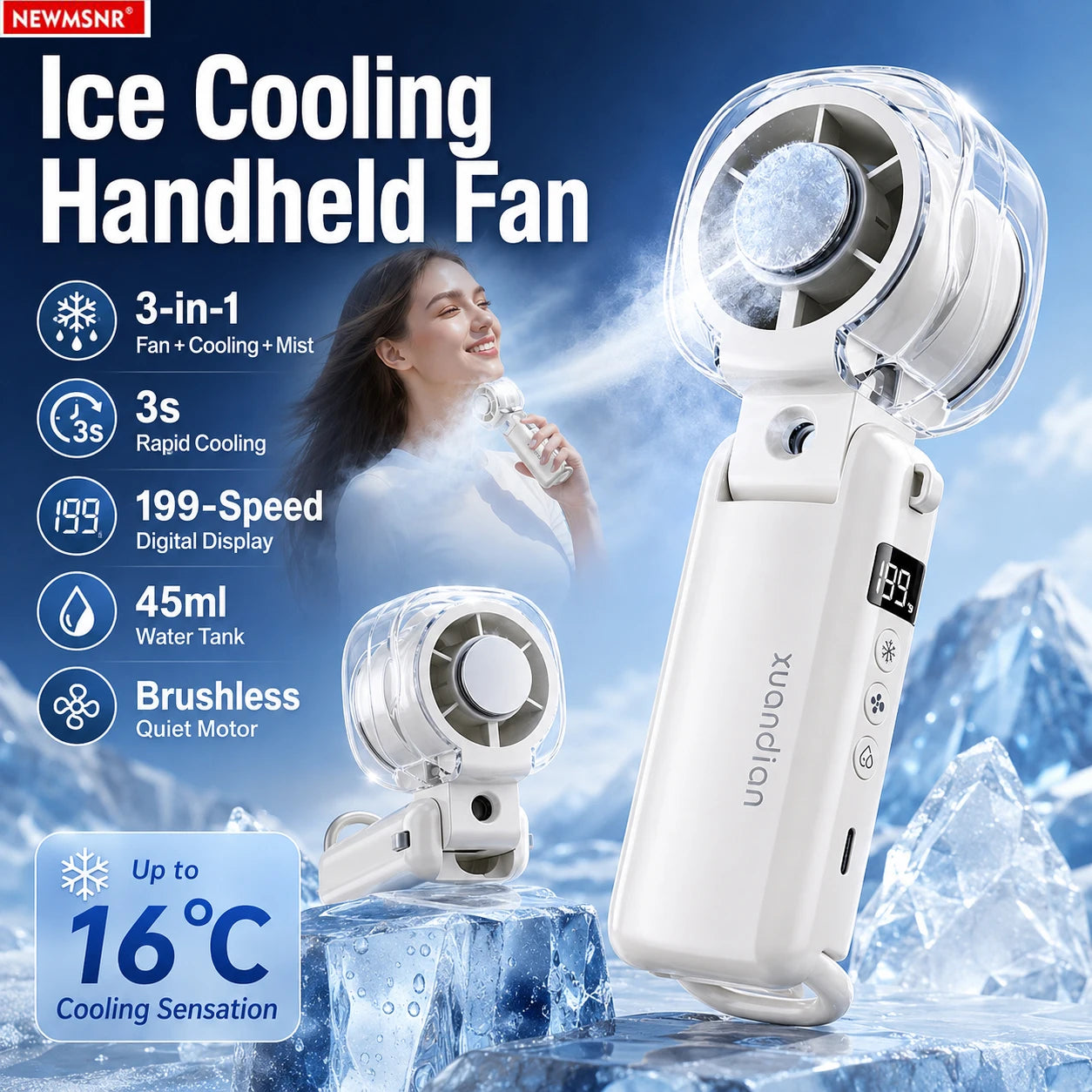 Bleib cool! 3‑in‑1 Handventilator mit Eis‑Kühlung & Sprühnebel. Dein Sommer‑Must‑Have