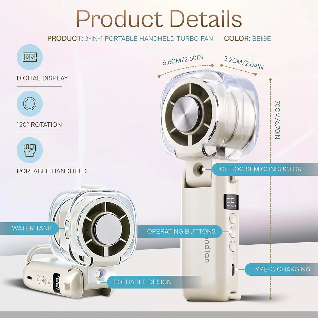 Bleib cool! 3‑in‑1 Handventilator mit Eis‑Kühlung & Sprühnebel. Dein Sommer‑Must‑Have