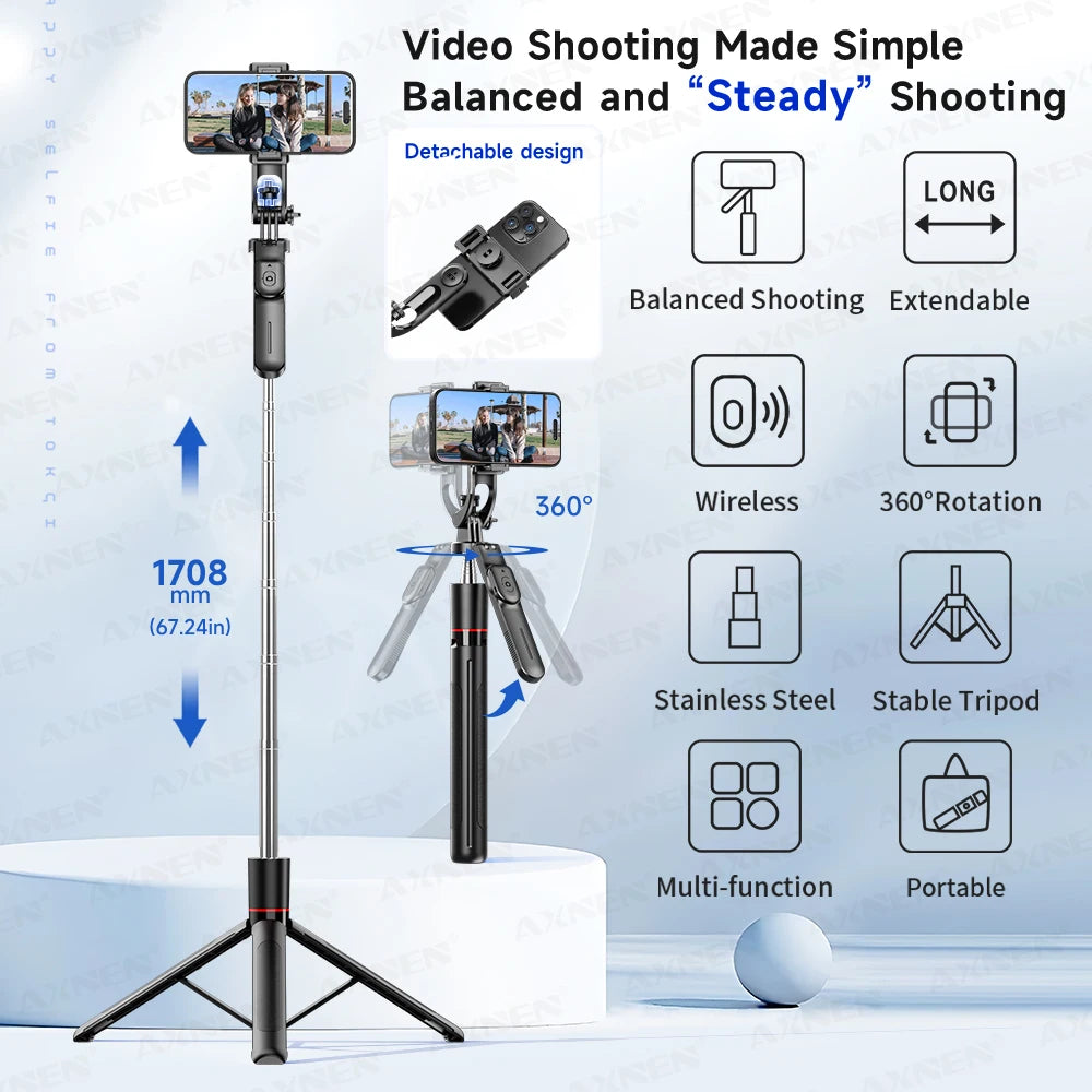 F16 Selfie-Stick-Stativ mit 1708 mm langer, 8-teiliger Teleskopstange, Bluetooth
