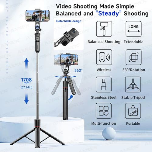 F16 Selfie-Stick-Stativ mit 1708 mm langer, 8-teiliger Teleskopstange, Bluetooth
