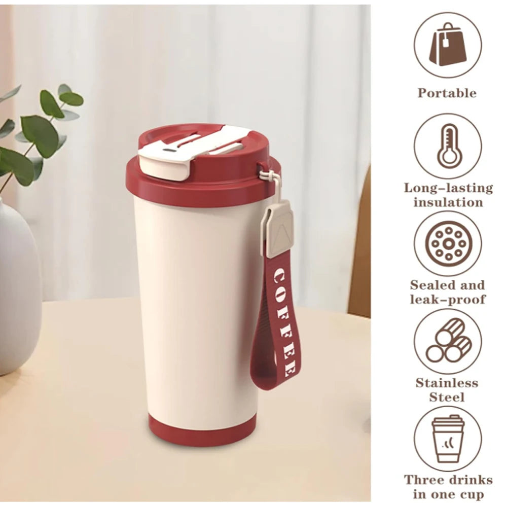 WATERSY 530ml Kaffeebecher aus Edelstahl mit Strohhalm