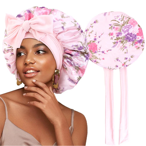 Seidige Schlafhaube mit Blumenmuster und Bindeband aus Satin