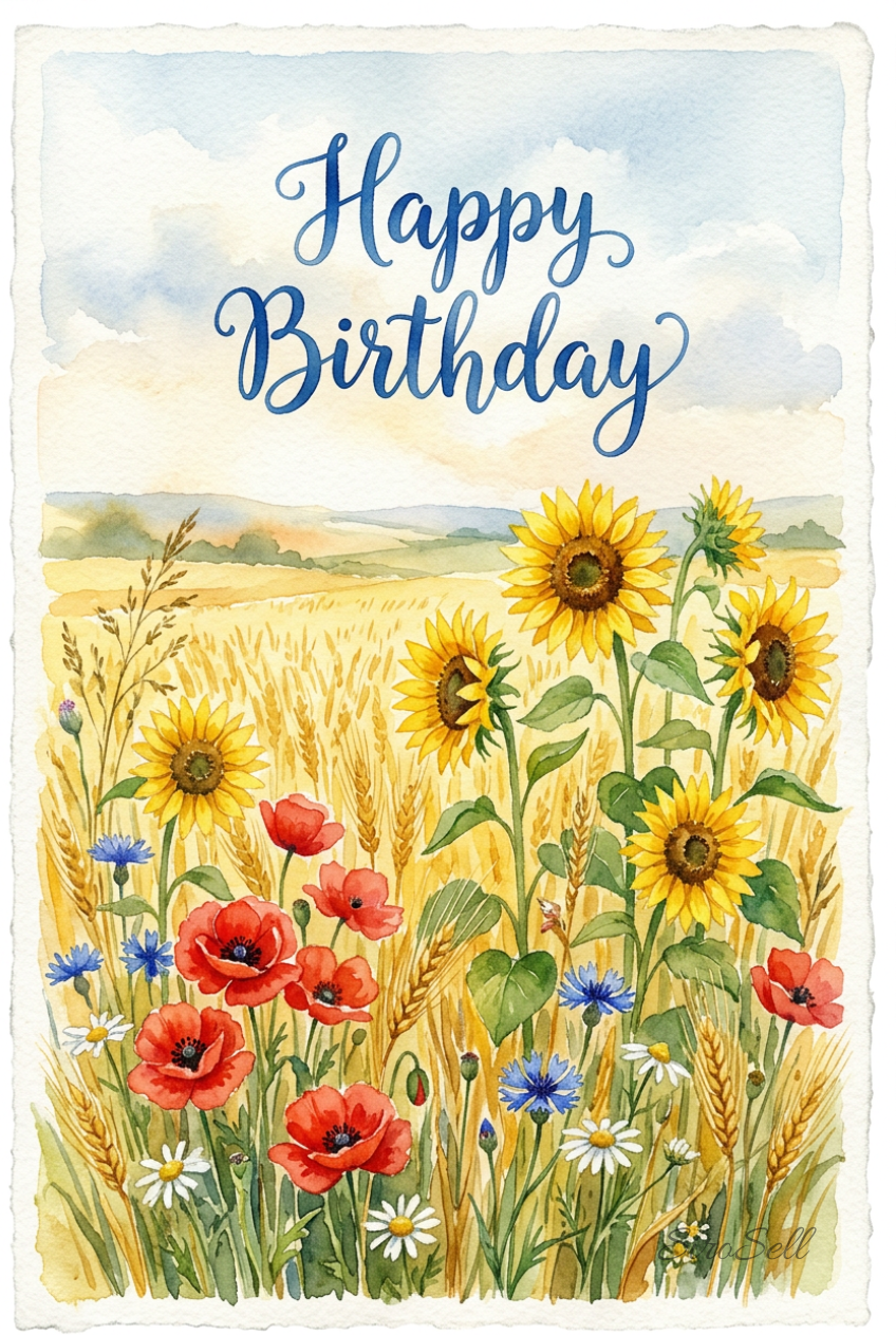 Digitale Geburtstagskarte mit Sonnenblumen & Mohnblumen "Happy Birthday Karte", Sofort‑Download