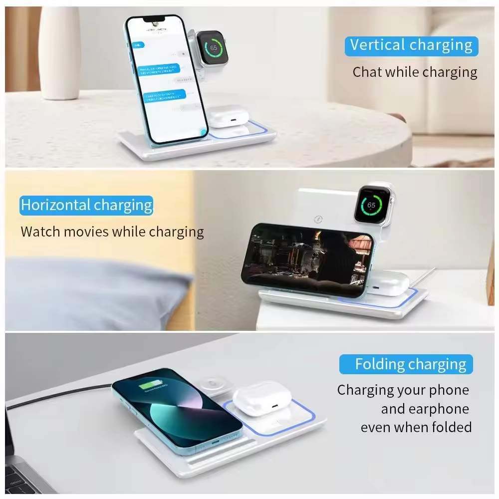 Faltbare 3-in-1-Schnellladestation mit 15 W und Qi-Wireless-Ladefunktion