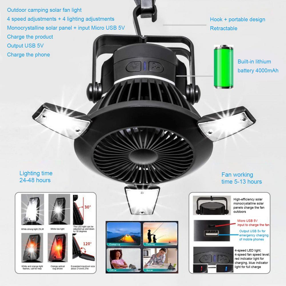 Zusammenklappbarer Ventilator, tragbare LED-Solar-Campinglaterne mit Haken