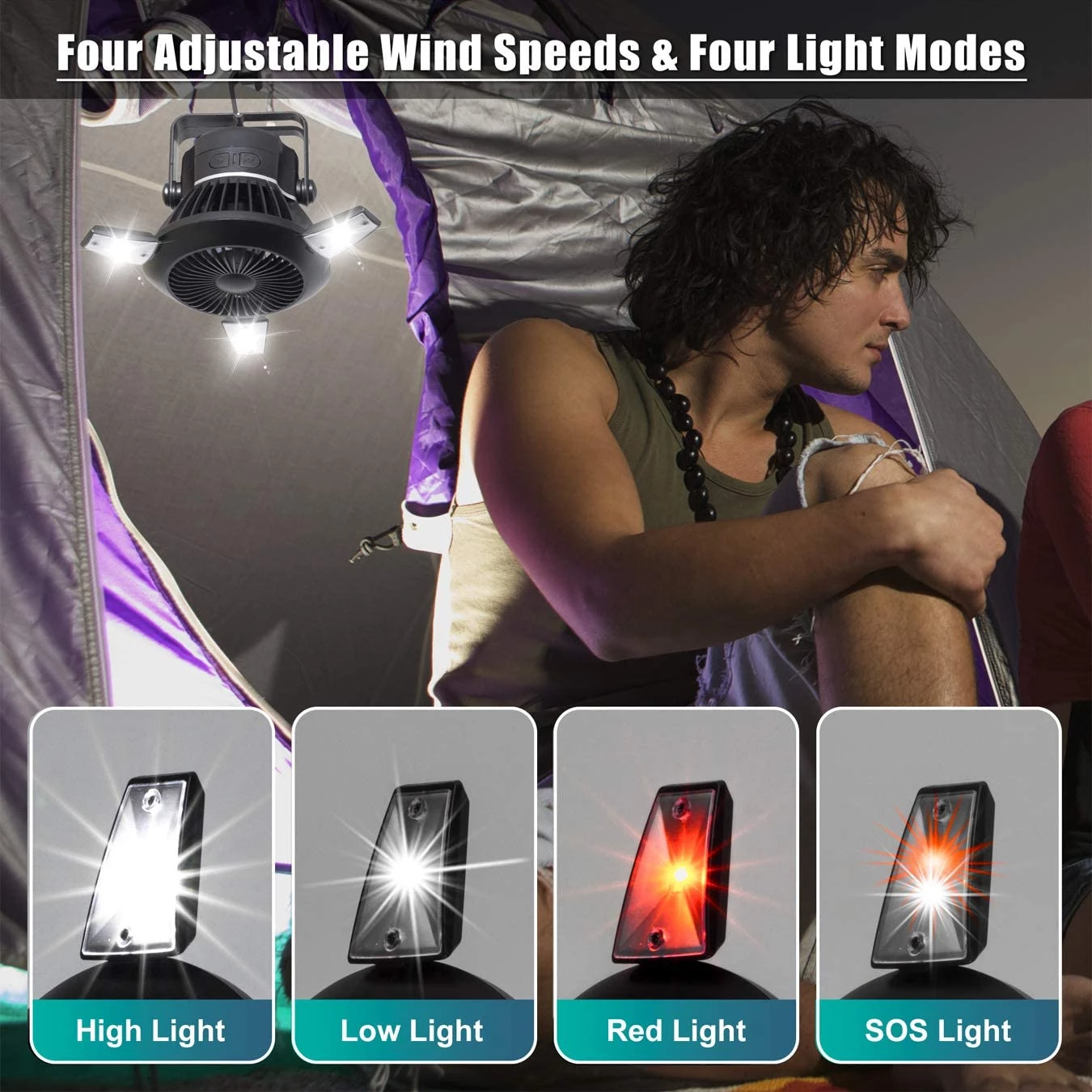 Zusammenklappbarer Ventilator, tragbare LED-Solar-Campinglaterne mit Haken